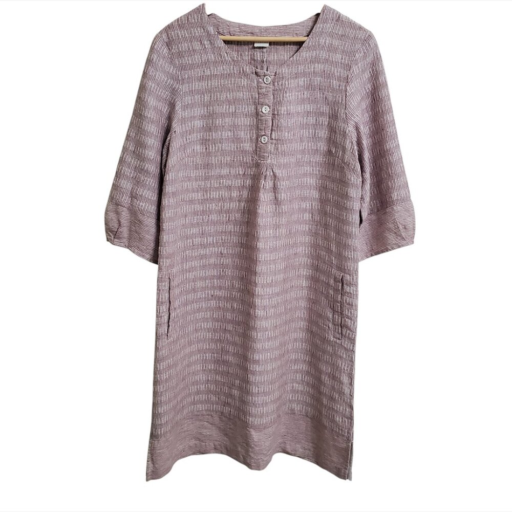 Poetry Popover Tunic Shift Linen Dress 10 Striped 3/4 Sleeve Lagenlook Boho